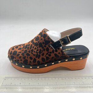 XYD Leopard Studded Closed Toe Slingback Buckle Pumps Platform Low Heels Shoes